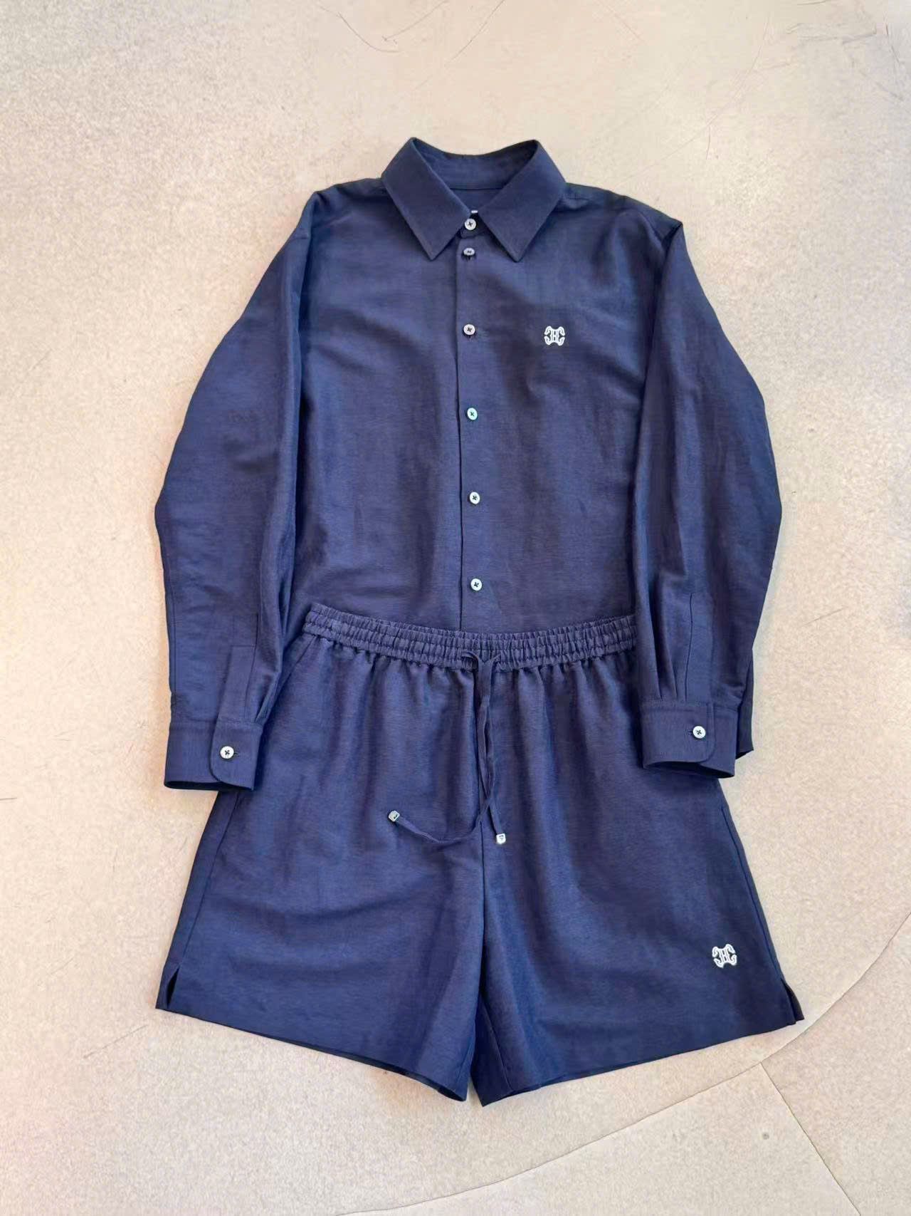  Bộ Áo sơ mi và quần sooc cạp chun - xanh than logo trắng set 