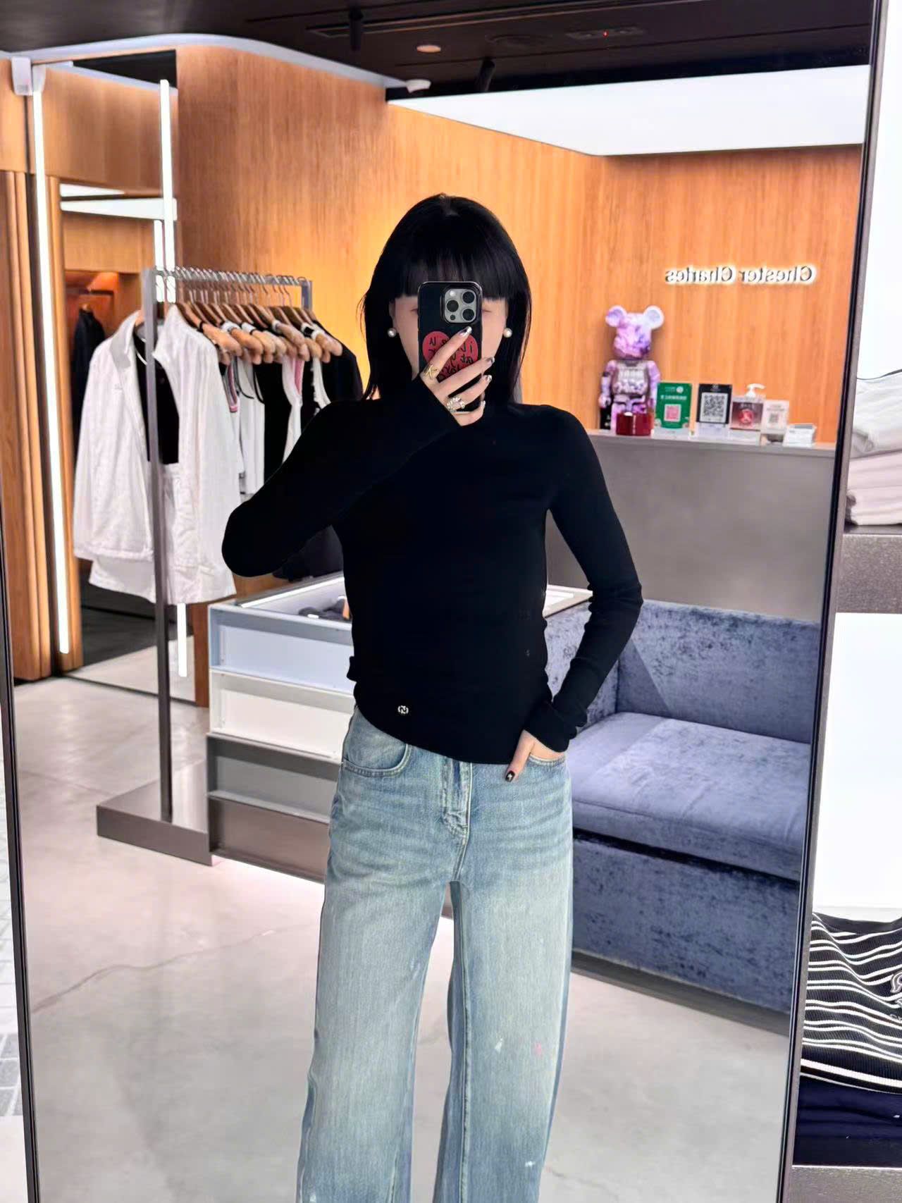  WOOL áo len màu đen dài tay 