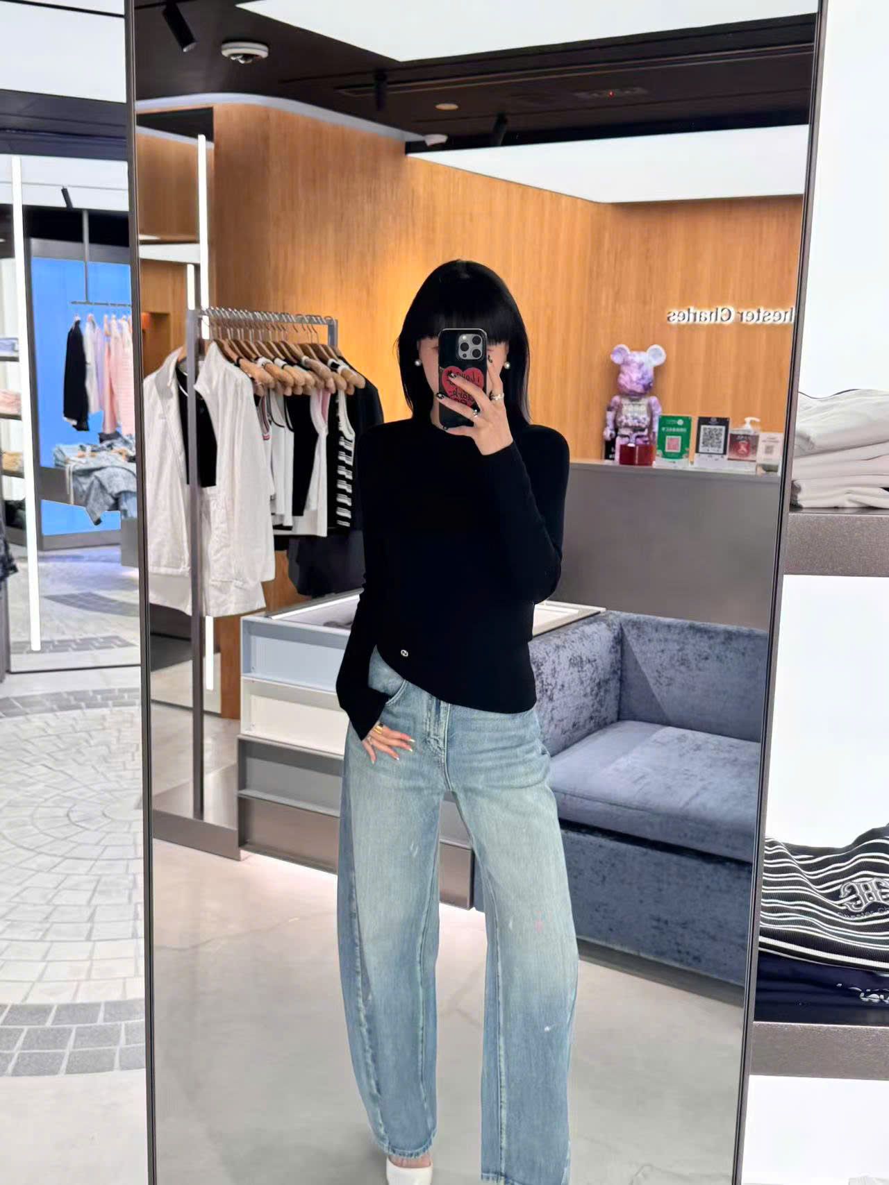  WOOL áo len màu đen dài tay 