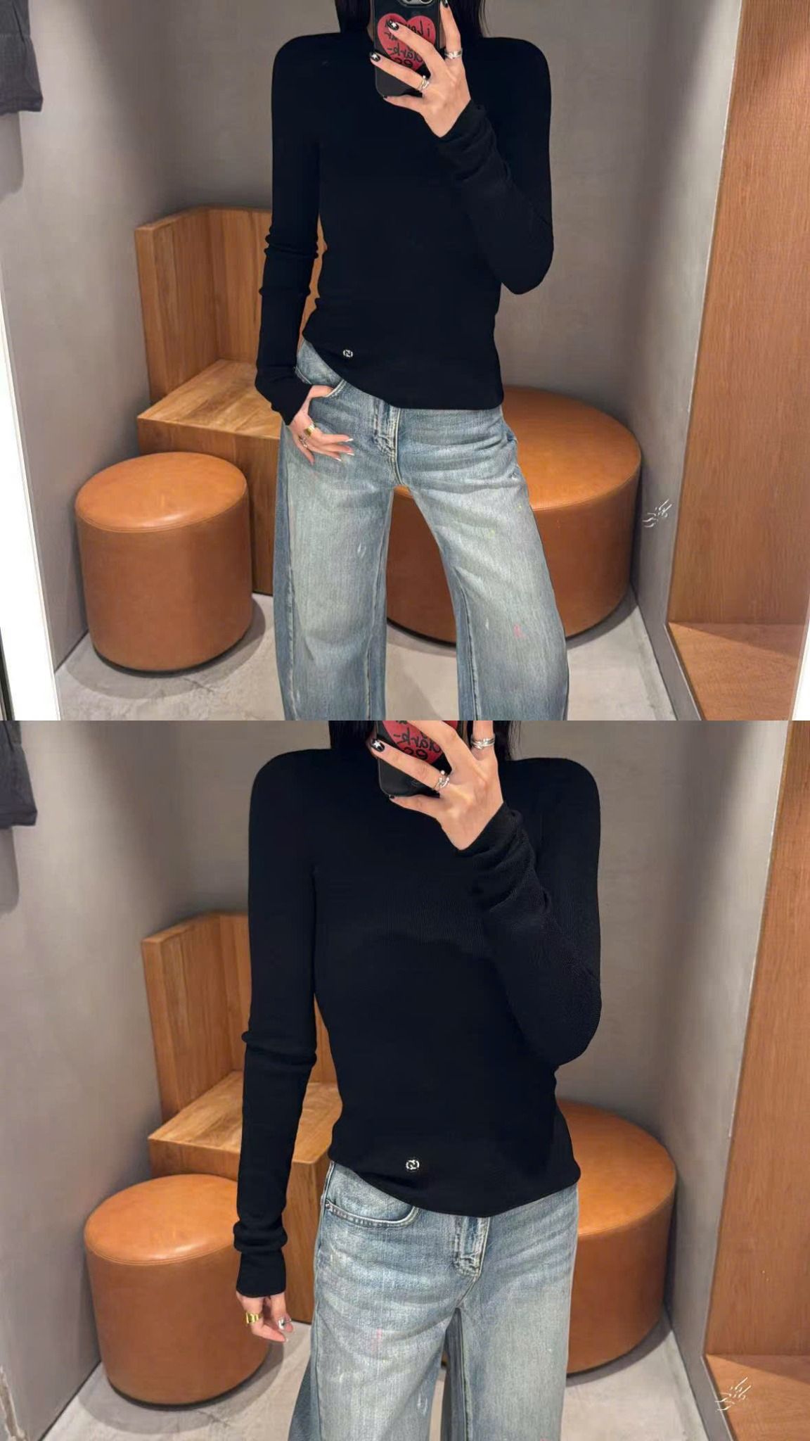  WOOL áo len màu đen dài tay 