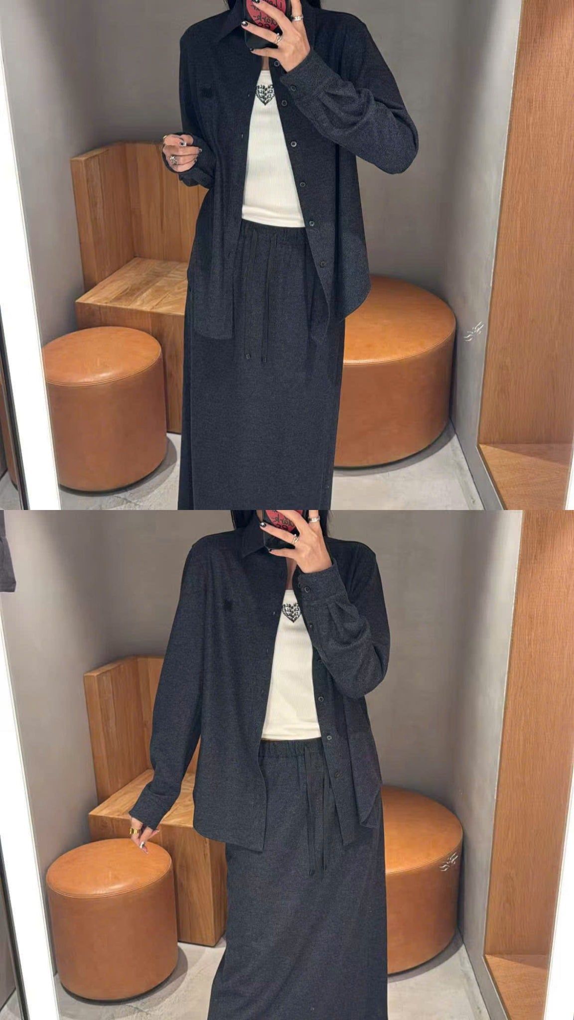  Bộ Áo sơ mi và chân váy dài cạp chun - xanh đen đậm set 