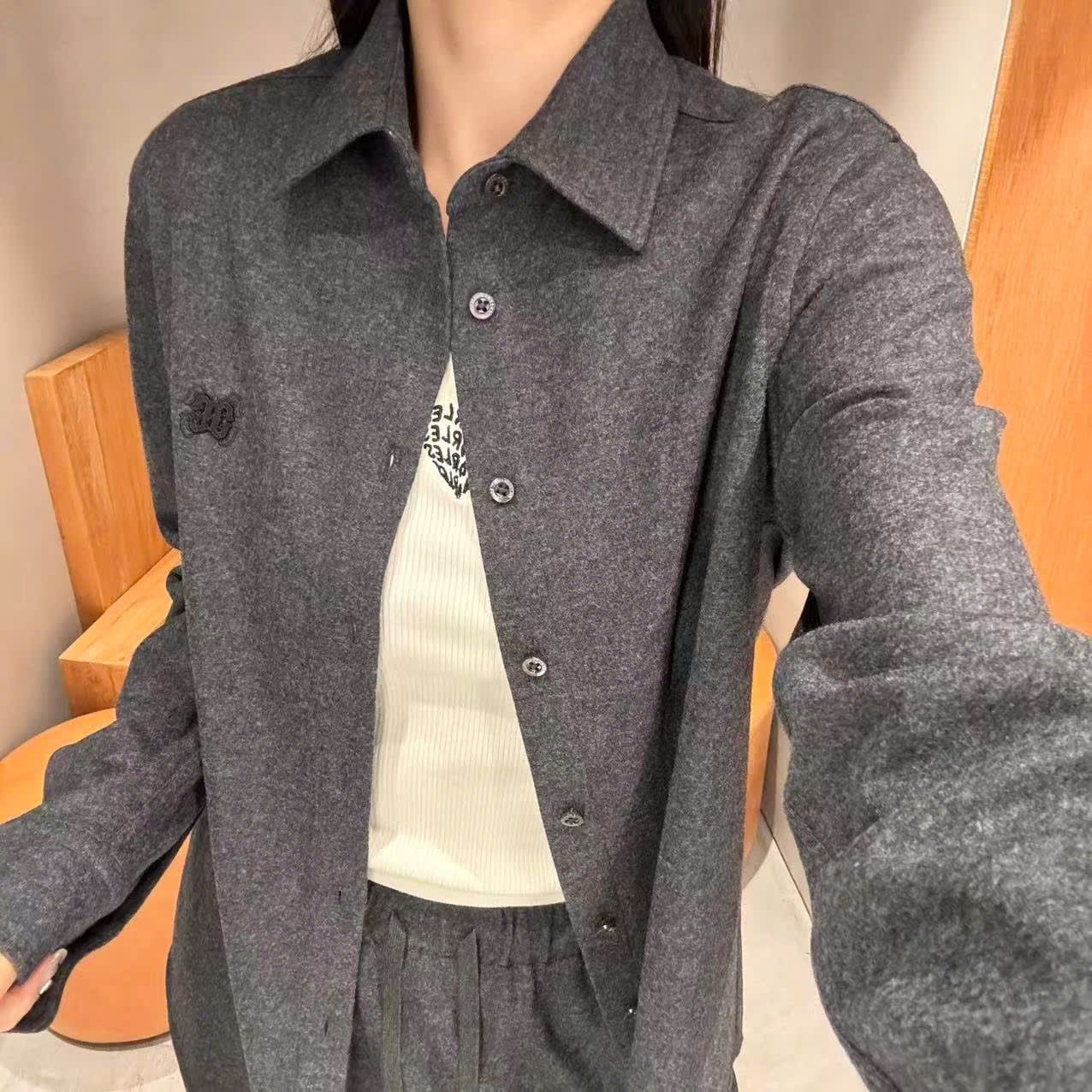  Bộ Áo sơ mi và chân váy dài cạp chun - xanh đen đậm set 