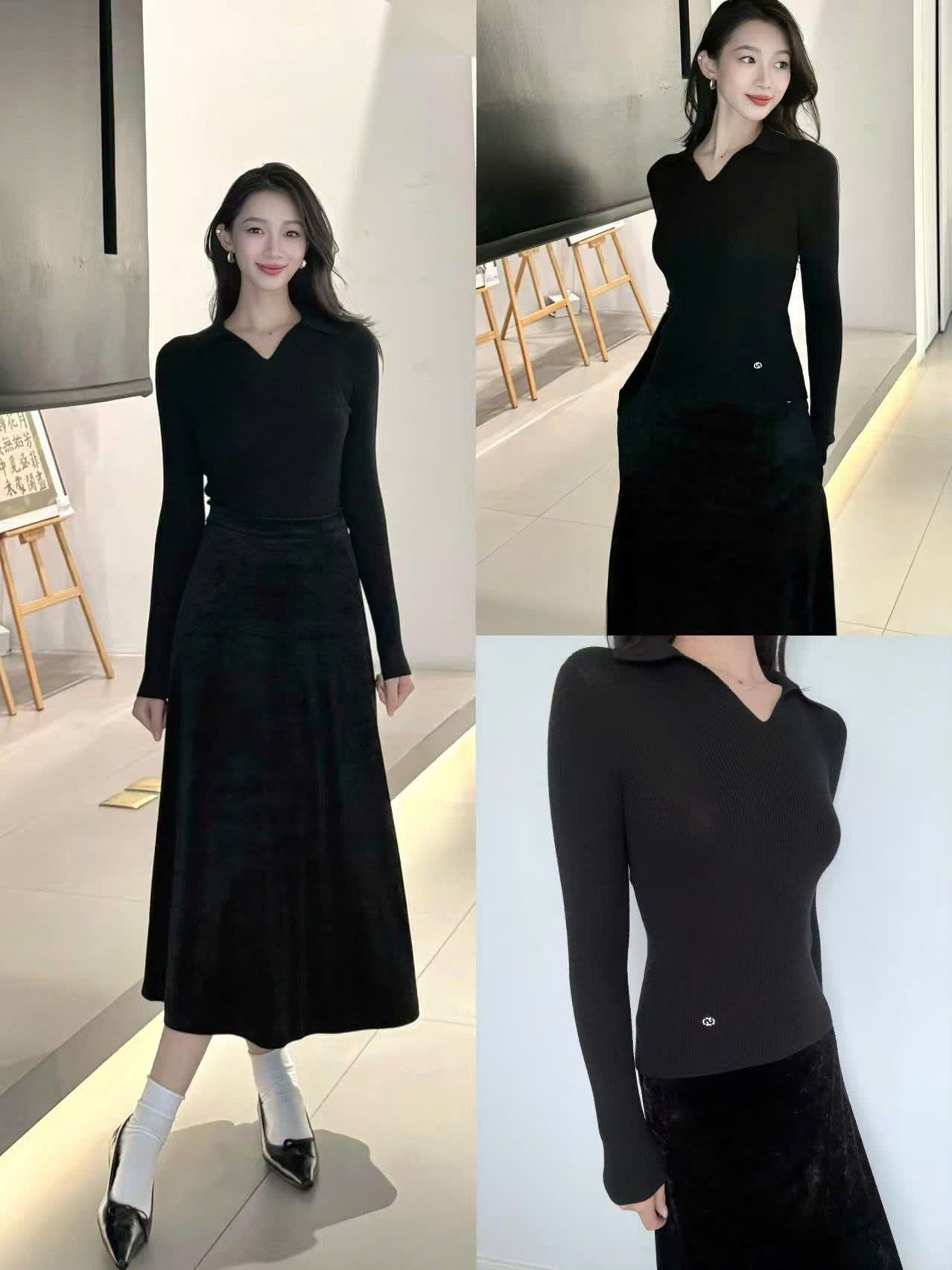  Áo dài tay đen cổ V, logo nhỏ 