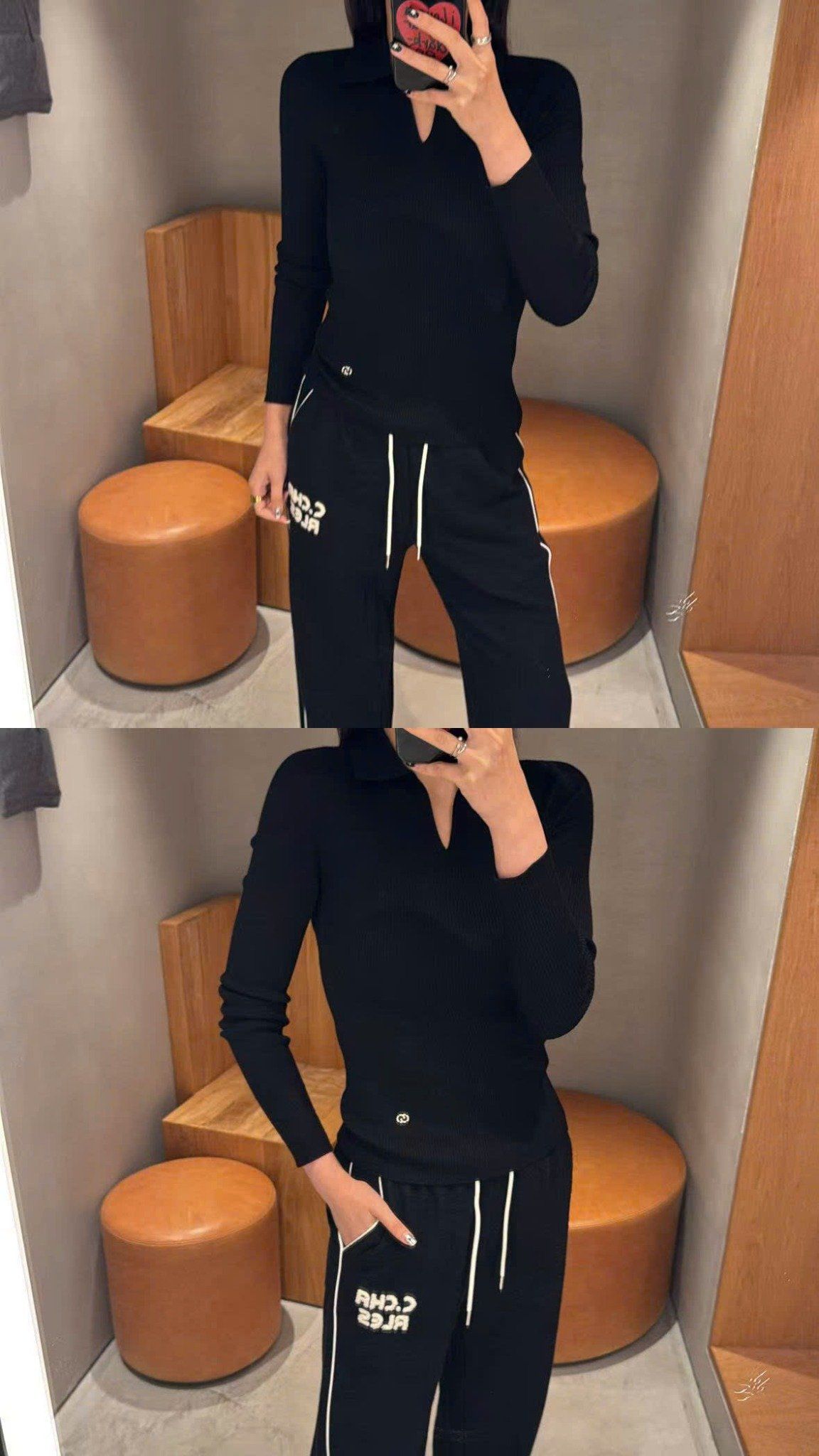  Áo dài tay đen cổ V, logo nhỏ 