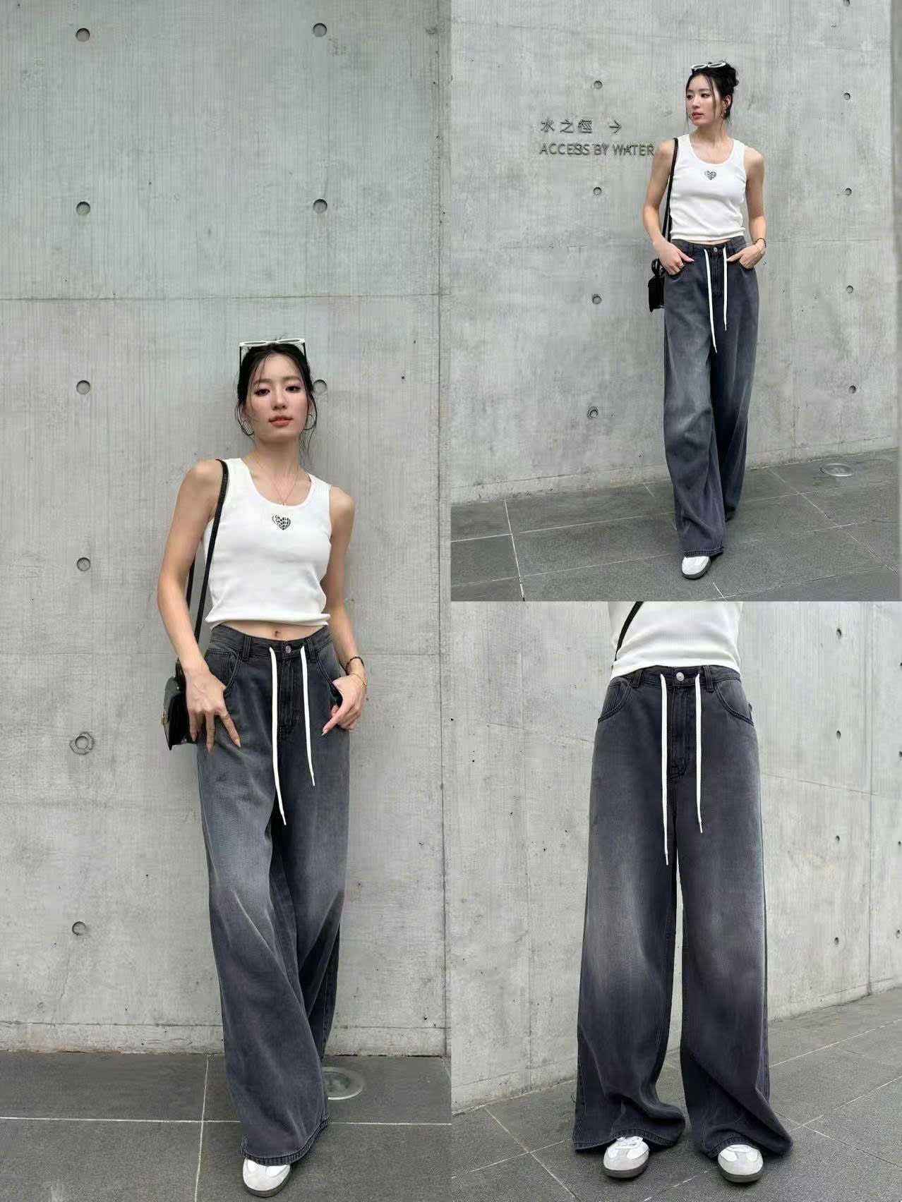  Quần jean đen mài, ống rộng dây rút trắng 