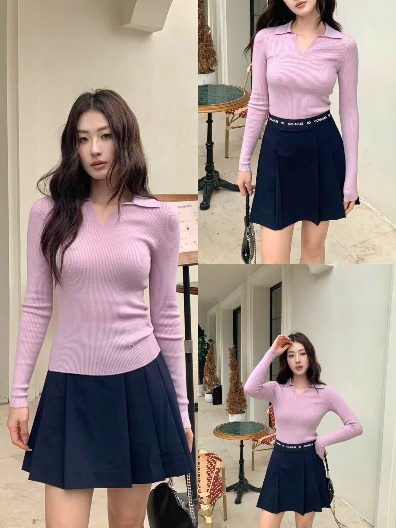  Áo dài tay hồng tím cổ V, logo nhỏ 