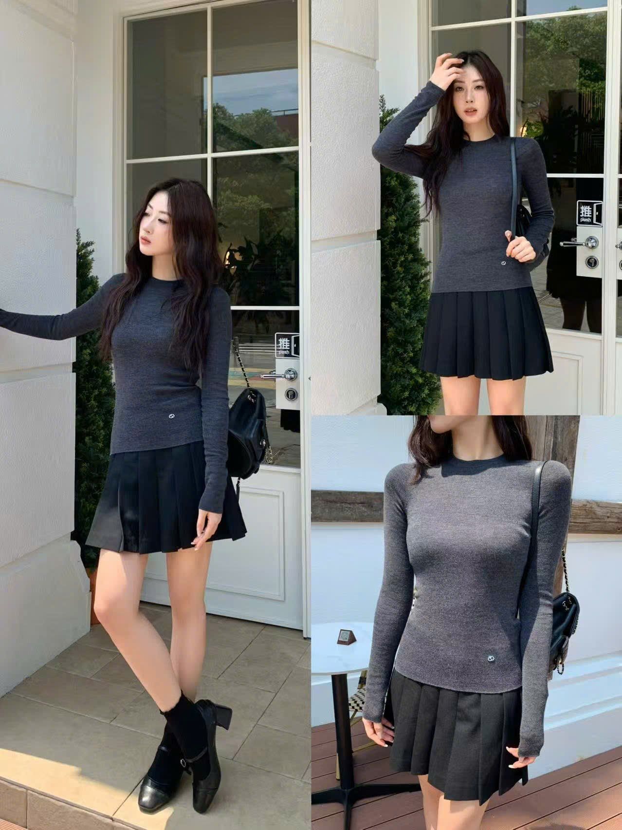  WOOL áo len màu xám dài tay 