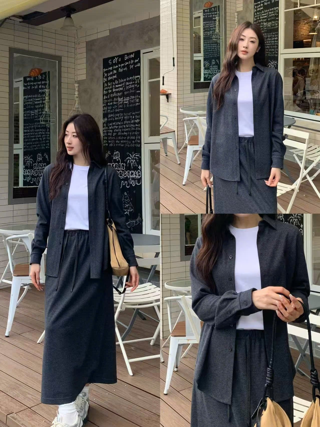  Bộ Áo sơ mi và chân váy dài cạp chun - xanh đen đậm set 