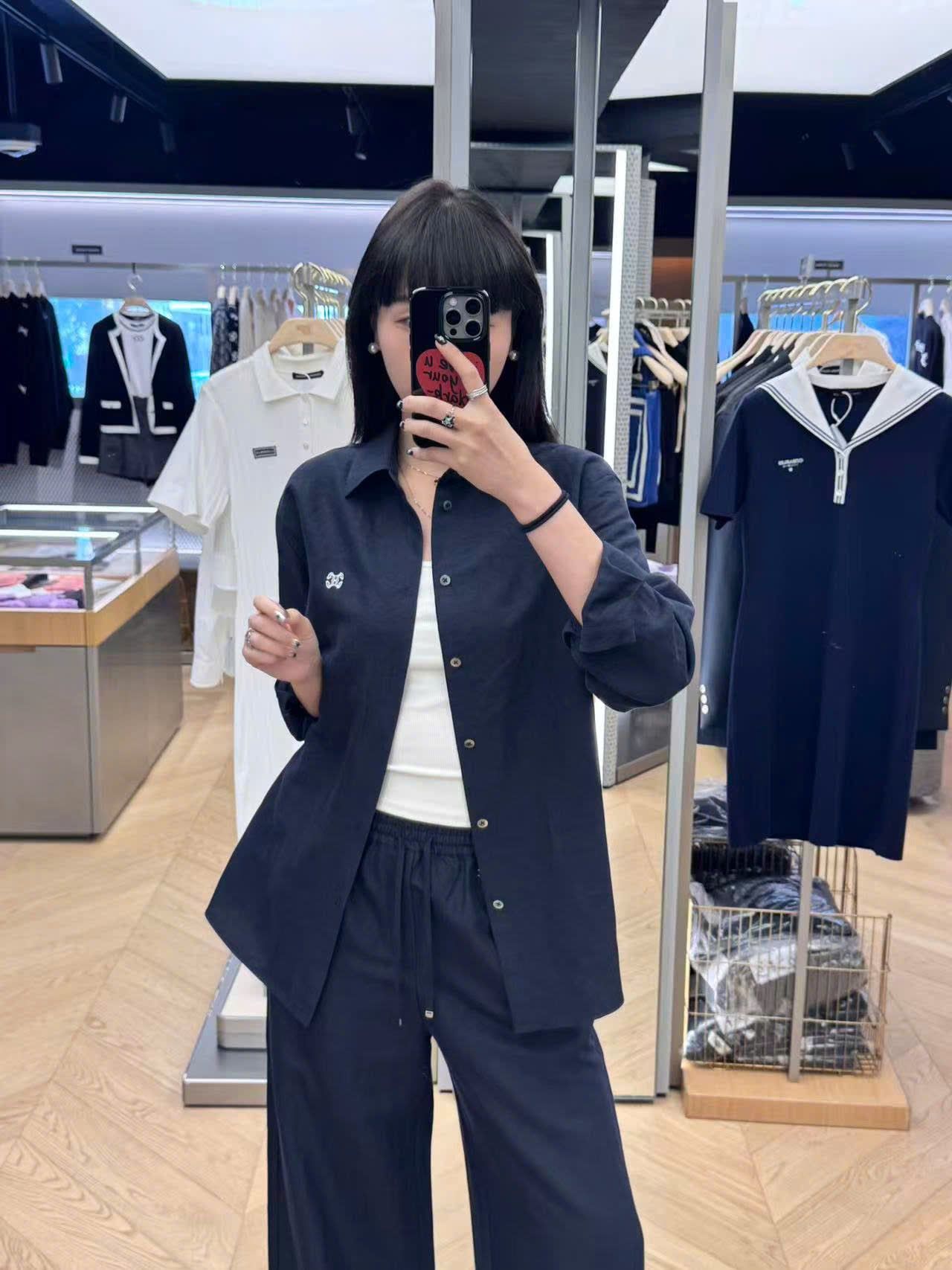 Bộ Áo sơ mi và quần vải cạp chun - Navy logo trắng set 
