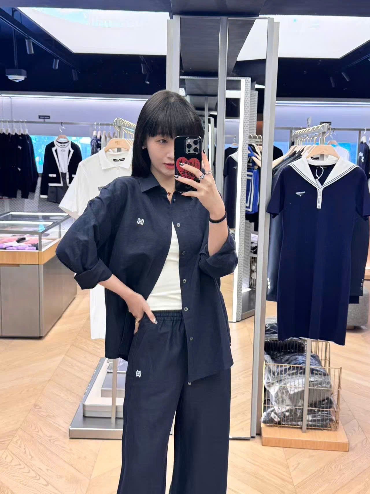  Bộ Áo sơ mi và quần vải cạp chun - Navy logo trắng set 