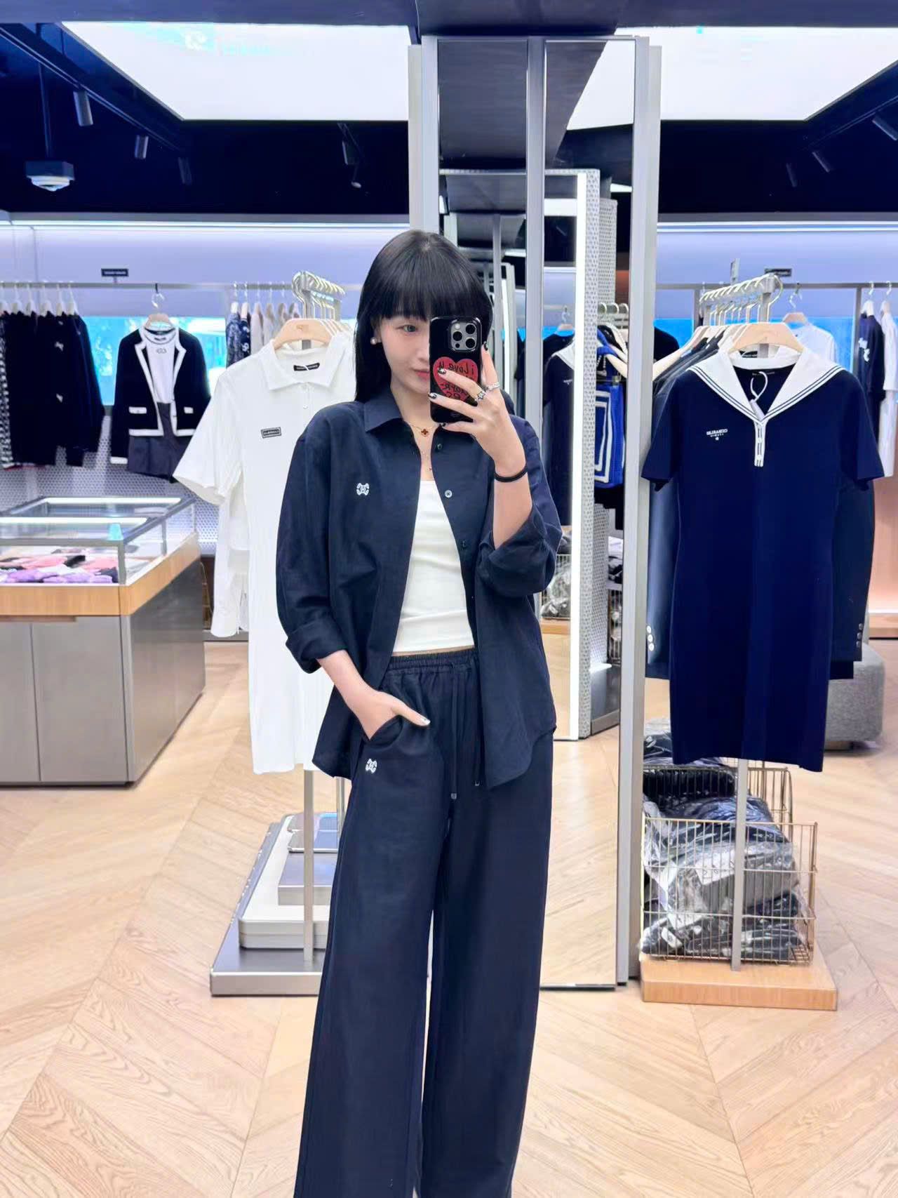  Bộ Áo sơ mi và quần vải cạp chun - Navy logo trắng set 