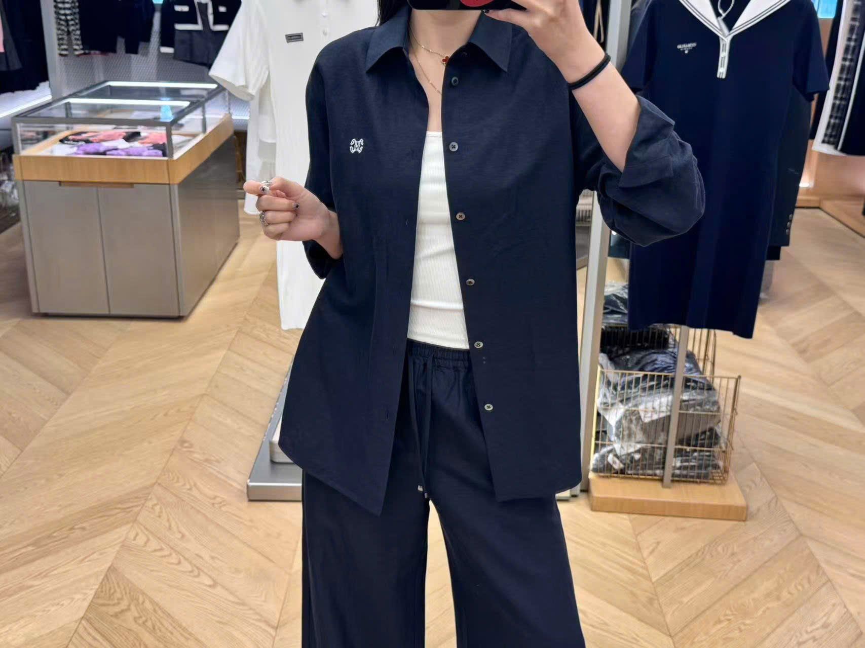  Bộ Áo sơ mi và quần vải cạp chun - Navy logo trắng set 