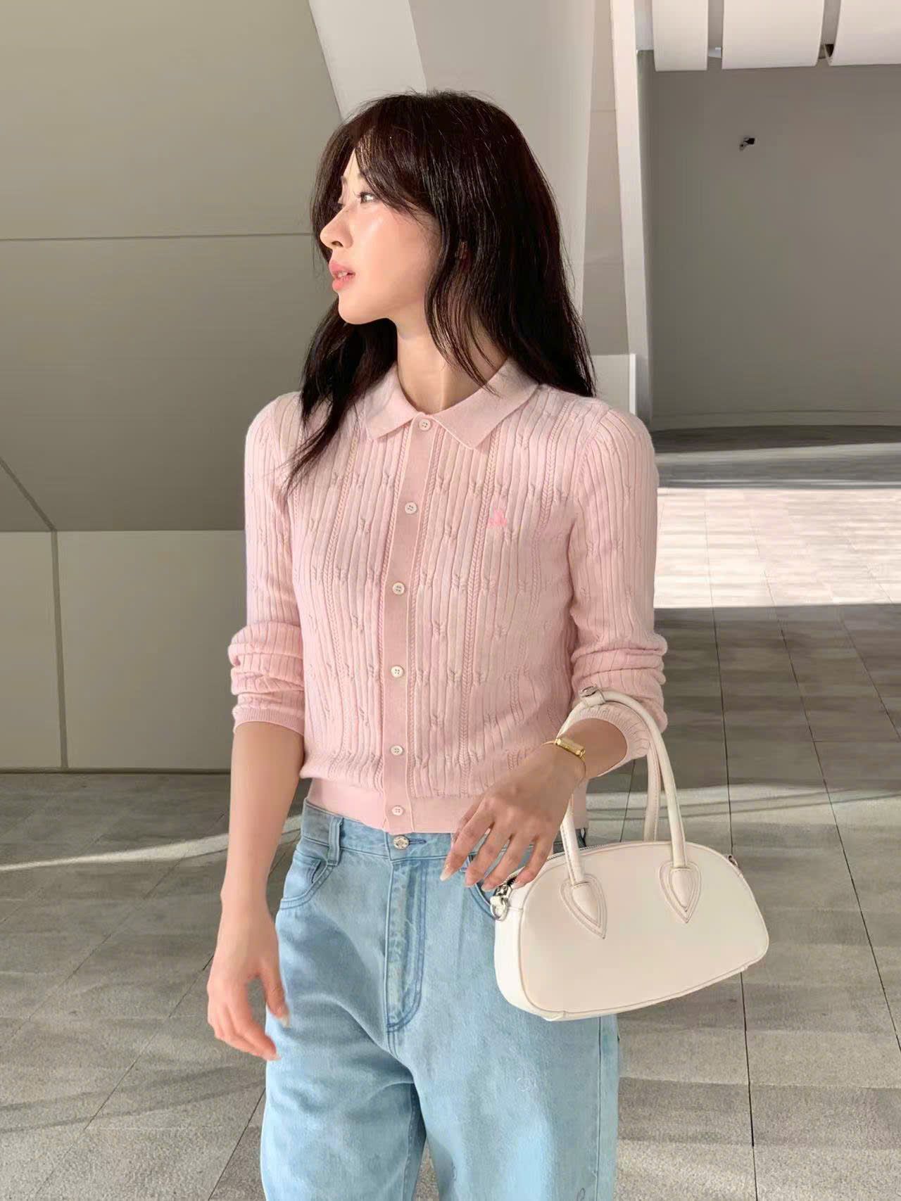  Áo CDG hồng polo dài tay - sọc dọc 