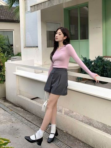  Quần sooc vải xám, đai tăng chỉnh 2 bên 