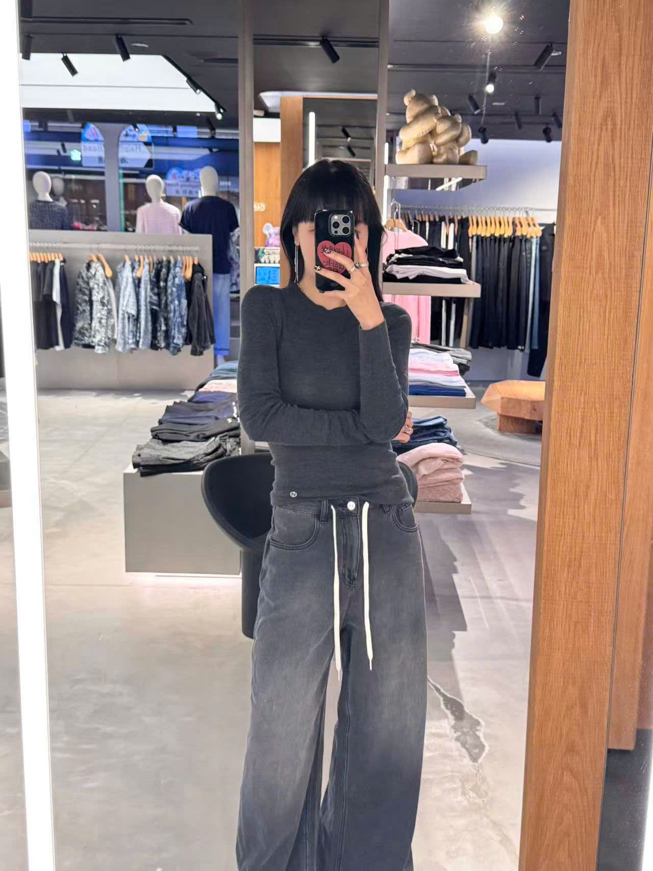  WOOL áo len màu xám dài tay 