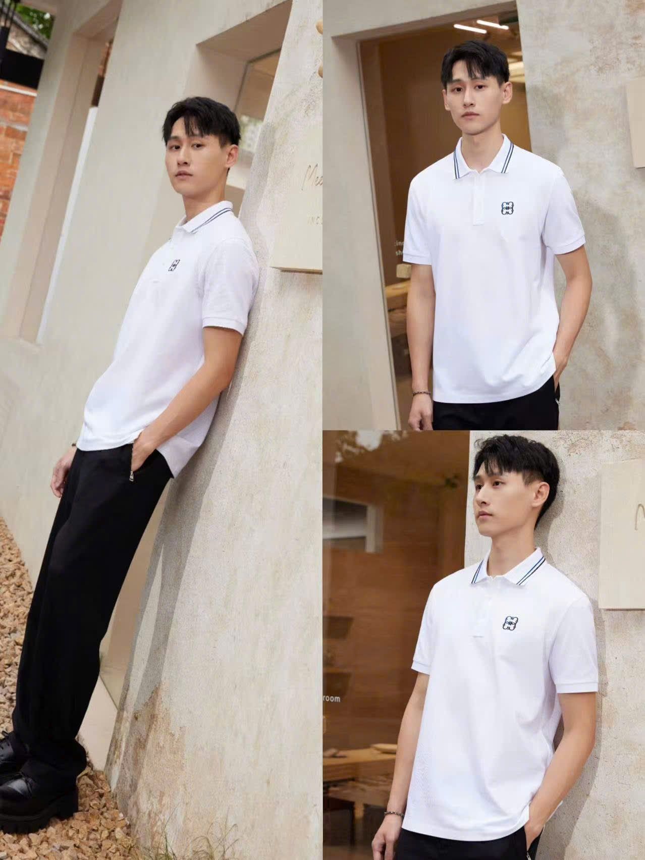  Áo polo Nam CC trắng, cổ viền đen, logo CC lồng 1 bên 