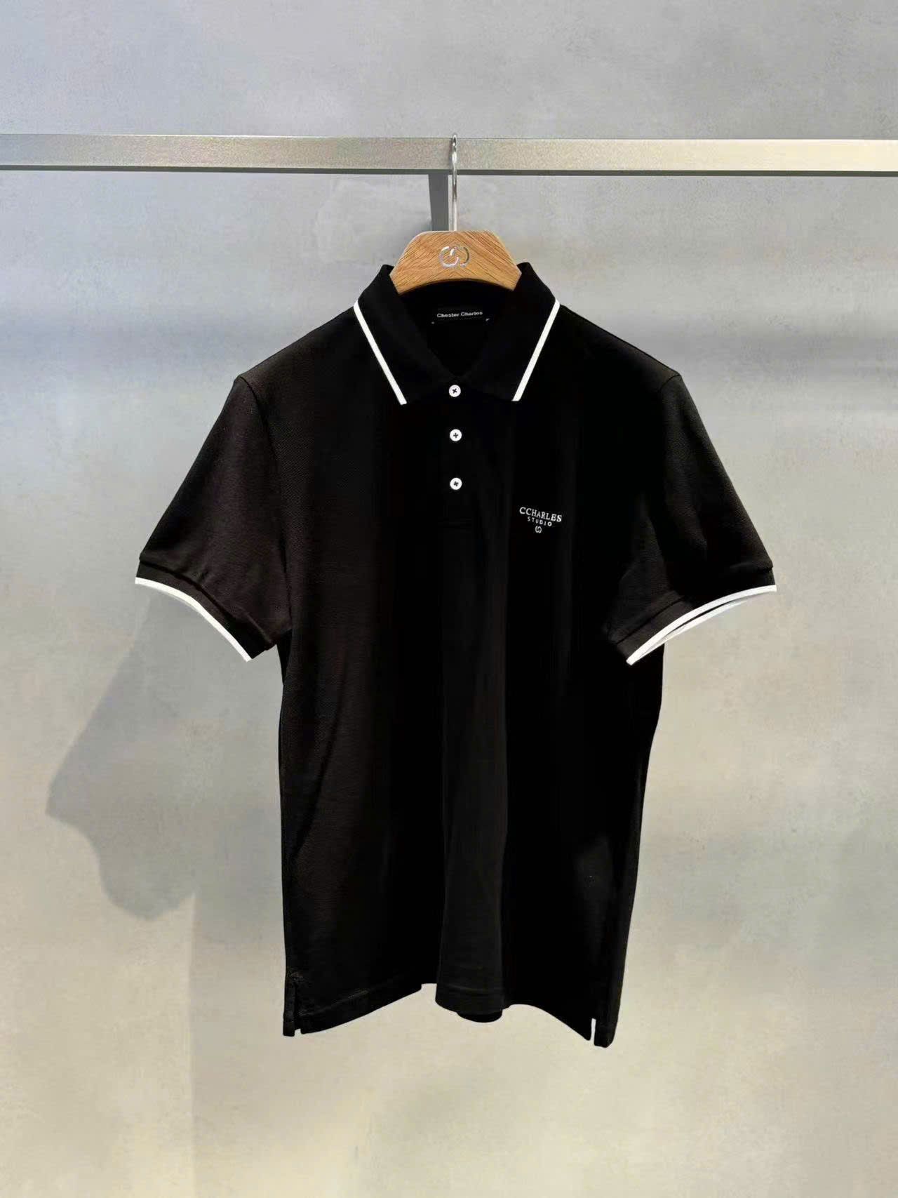  Áo polo đen Nam CC- cố viền trắng logo ngực 