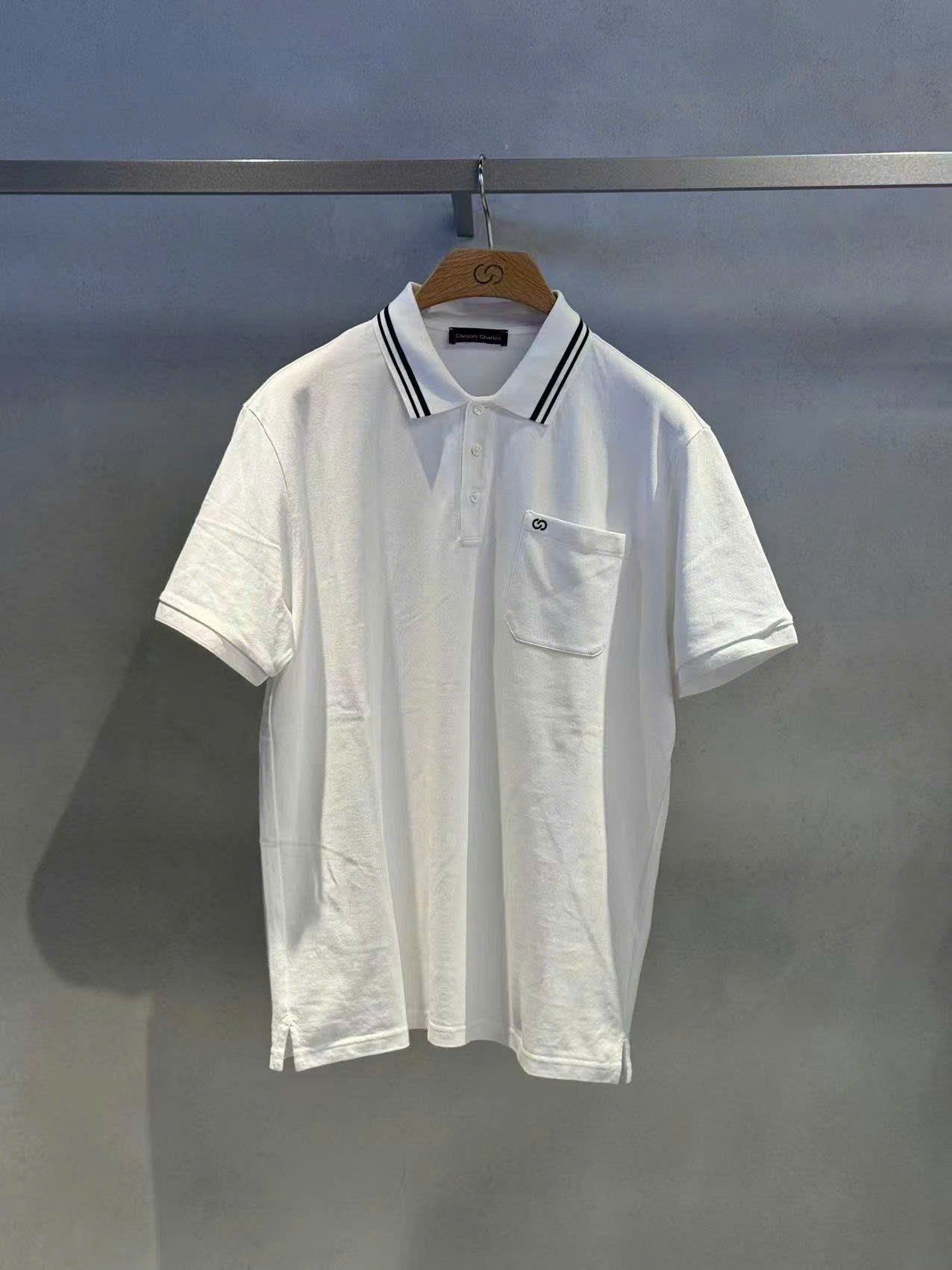  Áo polo trắng Nam CC, cổ viền đen 1 túi 