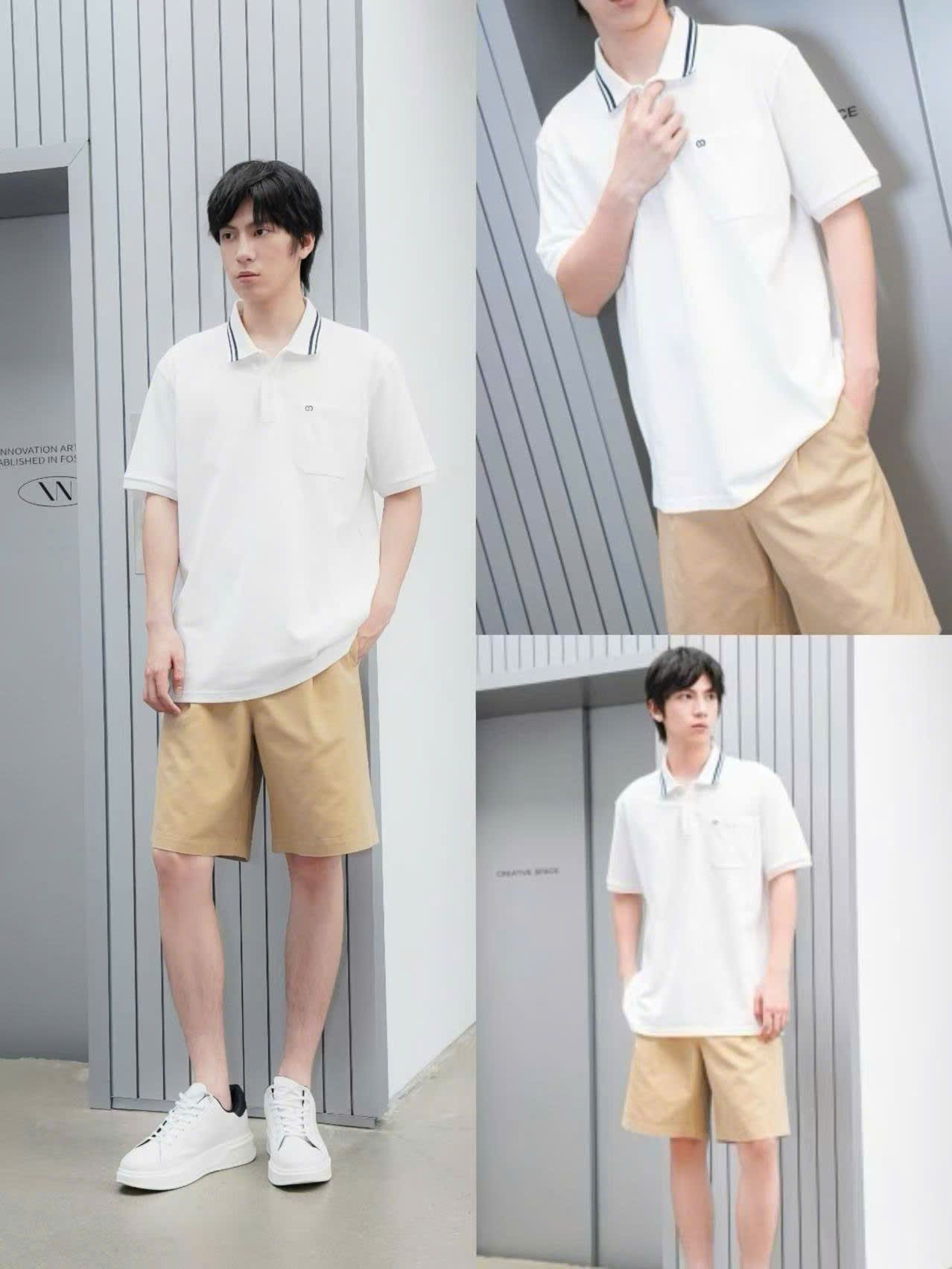  Áo polo trắng Nam CC, cổ viền đen 1 túi 