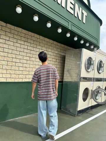  Áo phông nâu kẻ xanh Nam CC, túi 1 bên 