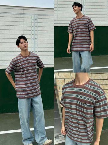  Áo phông nâu kẻ xanh Nam CC, túi 1 bên 