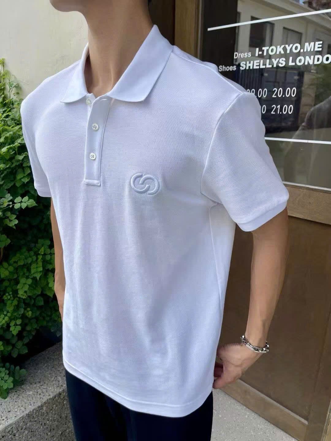  Áo polo trắng trơn Nam CC, logo trắng nổi 1 bên 