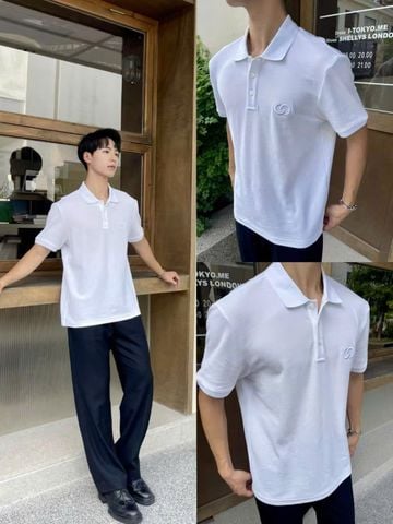  Áo polo trắng trơn Nam CC, logo trắng nổi 1 bên 