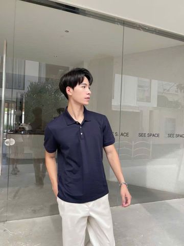  Áo polo xanh trơn Nam CC, 3 cúc trắng 