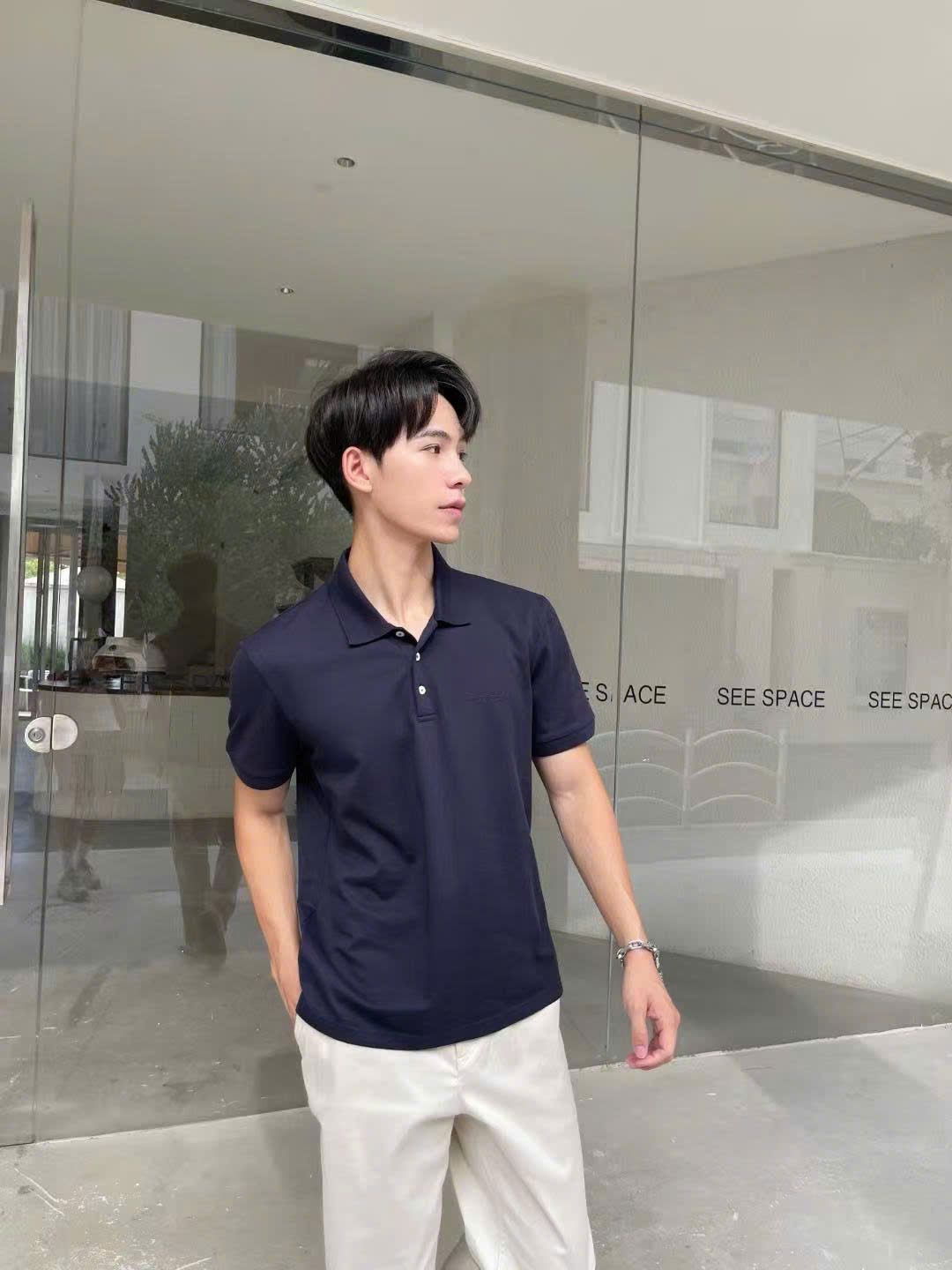  Áo polo xanh trơn Nam CC, 3 cúc trắng 