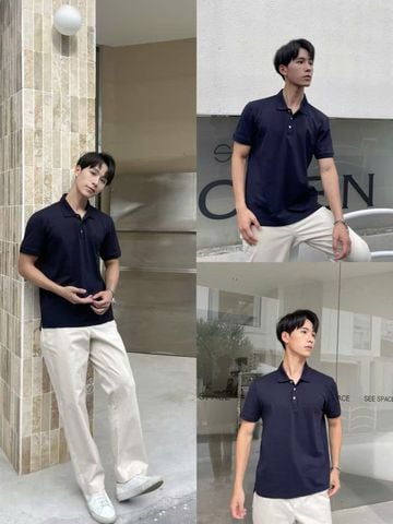  Áo polo xanh trơn Nam CC, 3 cúc trắng 