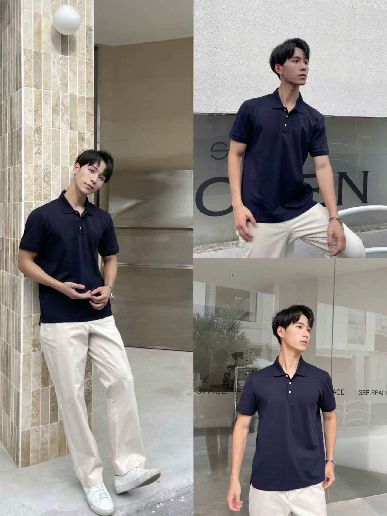  Áo polo xanh trơn Nam CC, 3 cúc trắng 