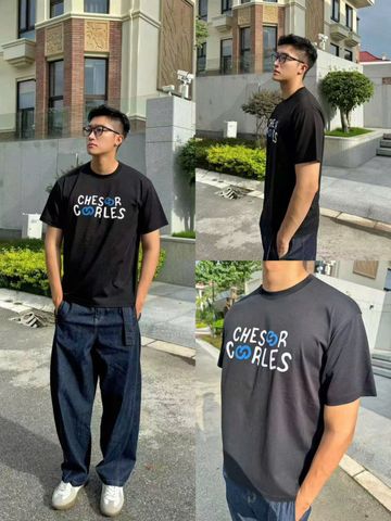  Áo phông đen Nam CC, chữ trắng lồng logo xanh 