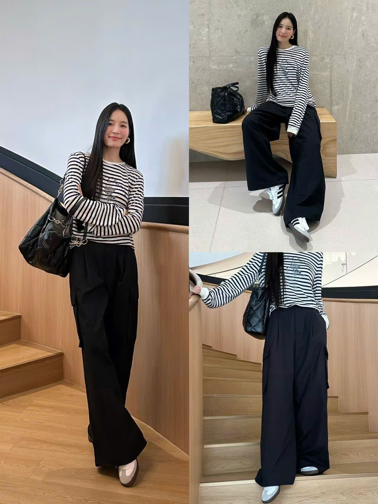  Áo dài tay trắng kẻ đen, ngực gấu ôm sao 