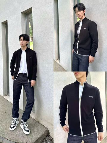  1.Áo khoác nam CC , đen khóa kéo trắng 