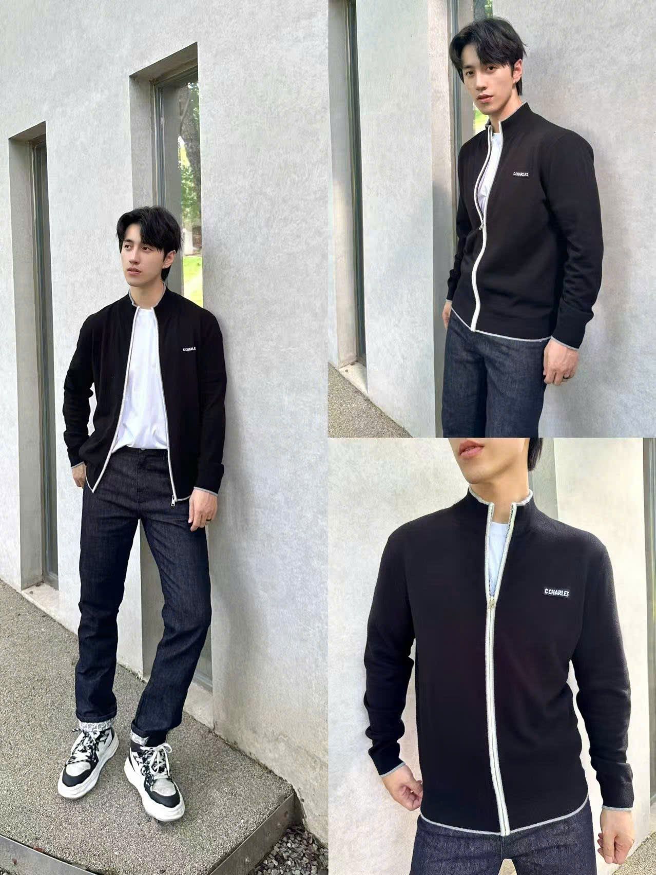  1.Áo khoác nam CC , đen khóa kéo trắng 