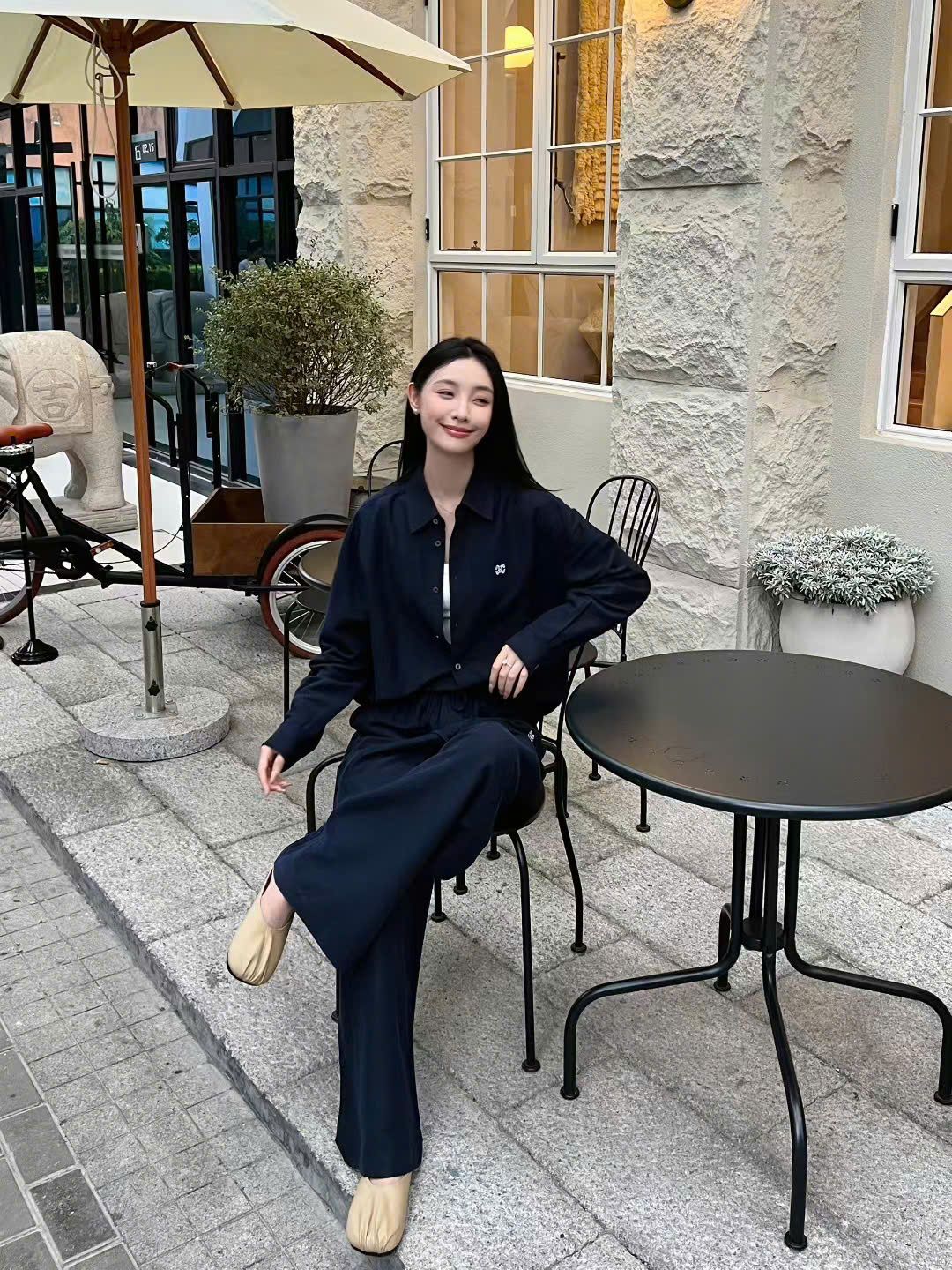  Bộ Áo sơ mi và quần vải cạp chun - Navy logo trắng set 