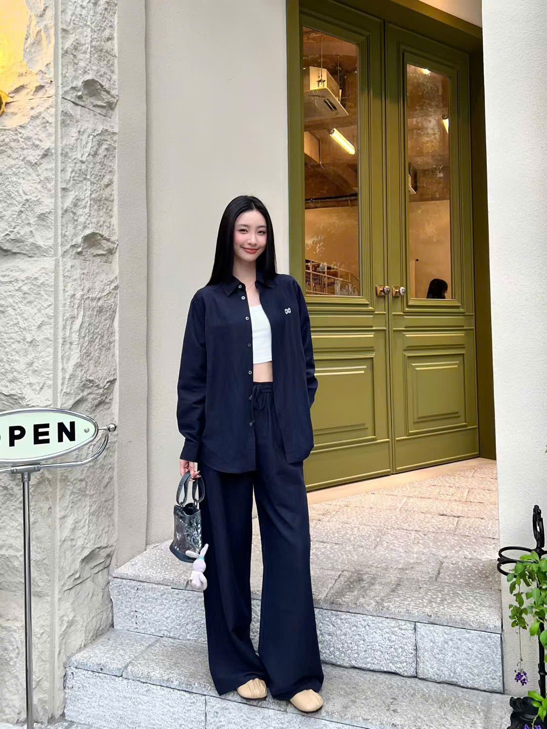  Bộ Áo sơ mi và quần vải cạp chun - Navy logo trắng set 