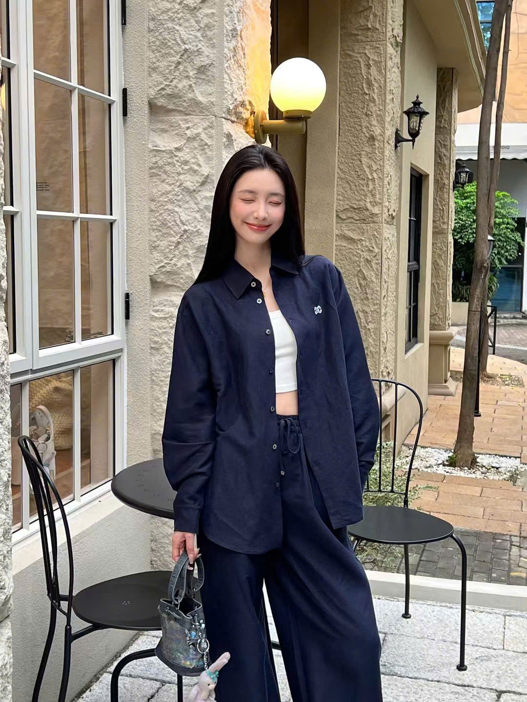  Bộ Áo sơ mi và quần vải cạp chun - Navy logo trắng set 