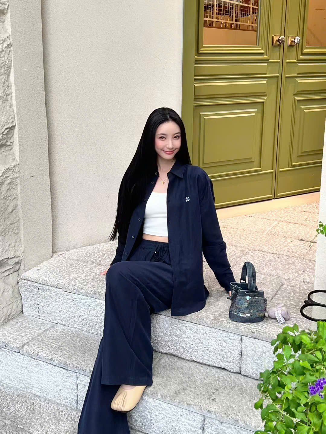  Bộ Áo sơ mi và quần vải cạp chun - Navy logo trắng set 