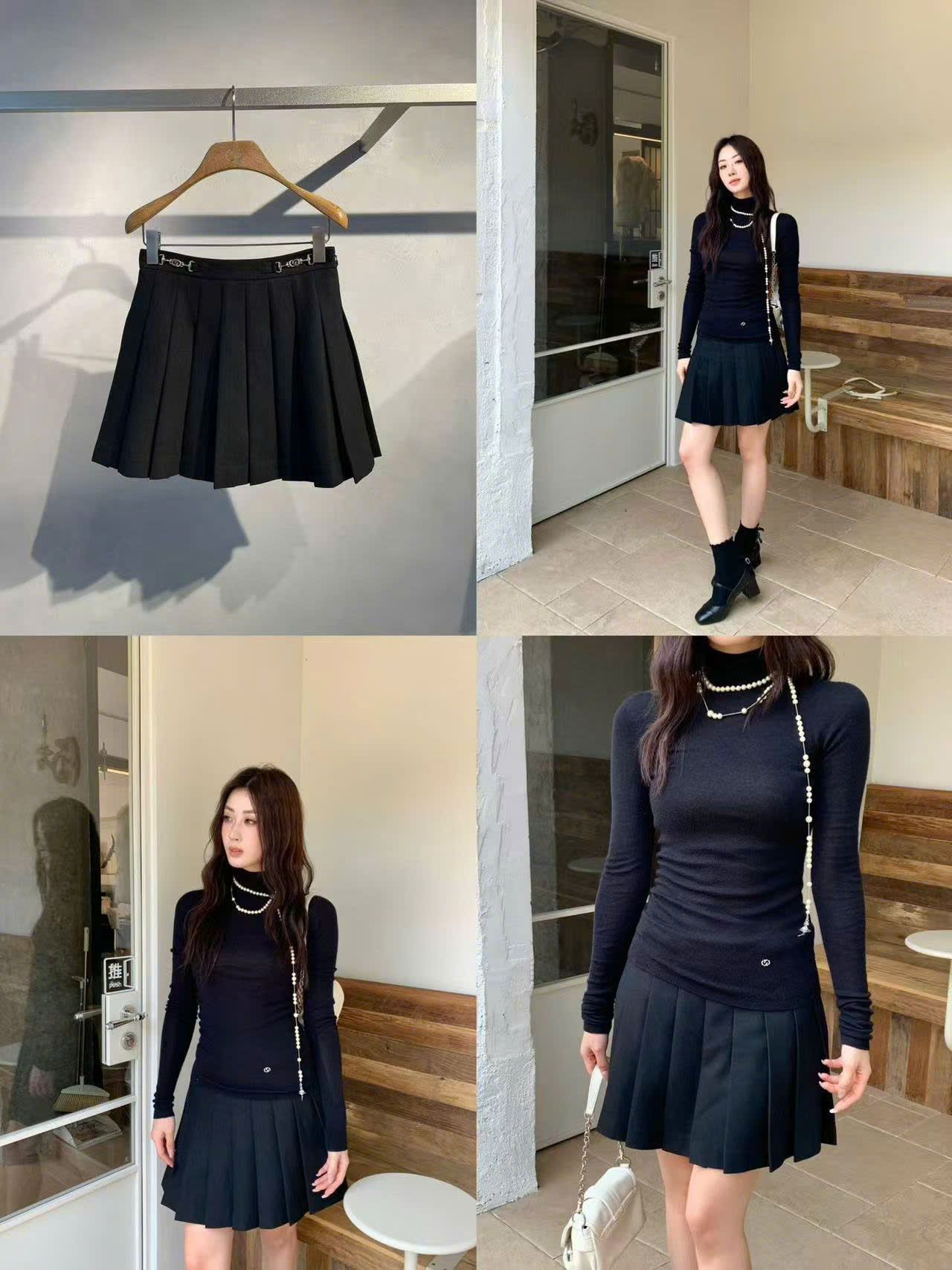  Chân váy xếp ly đen, cạp 2 Logo xích vàng 