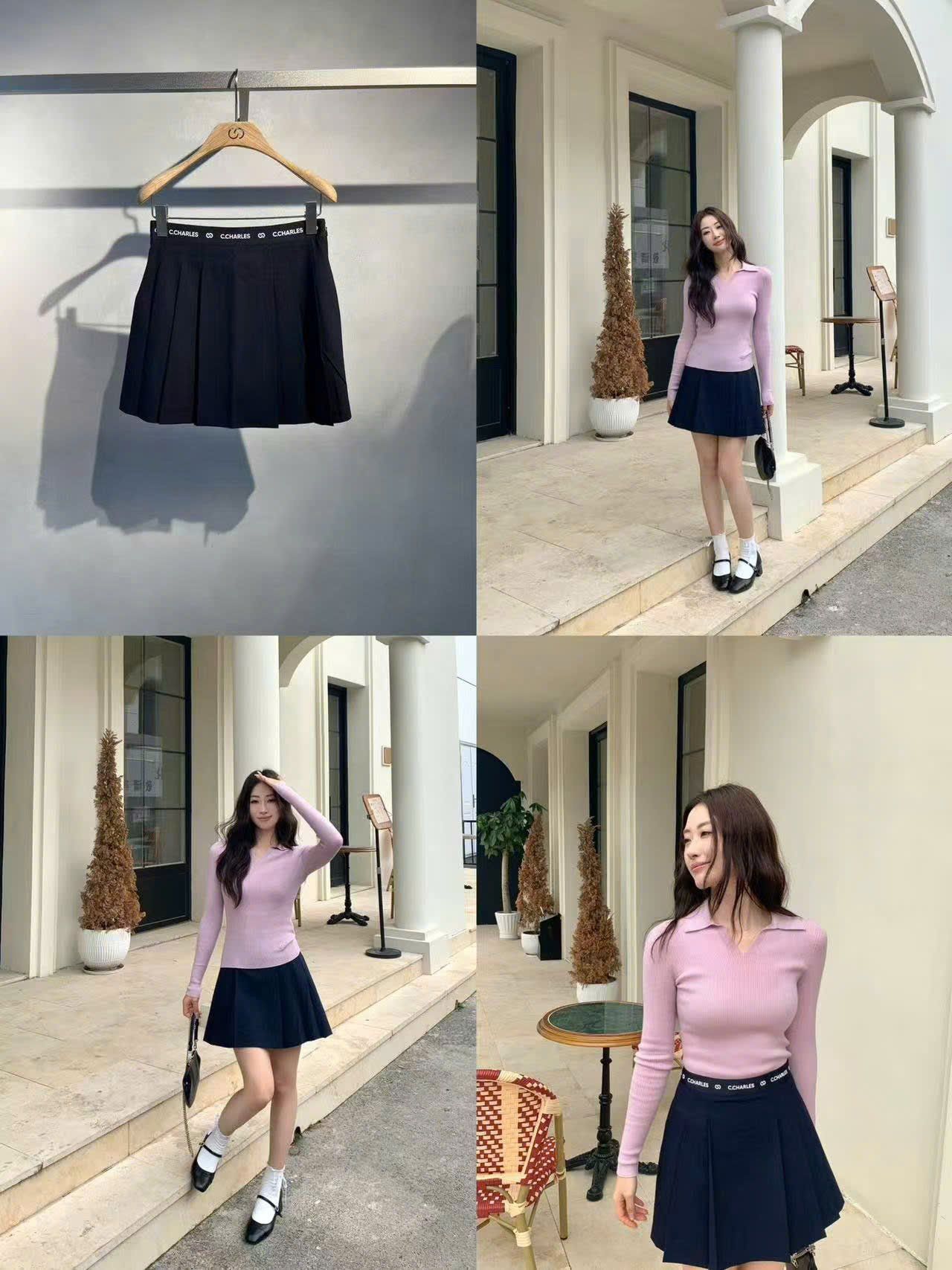  2.Chân váy đen ngắn xếp ly cạp chữ 0636 