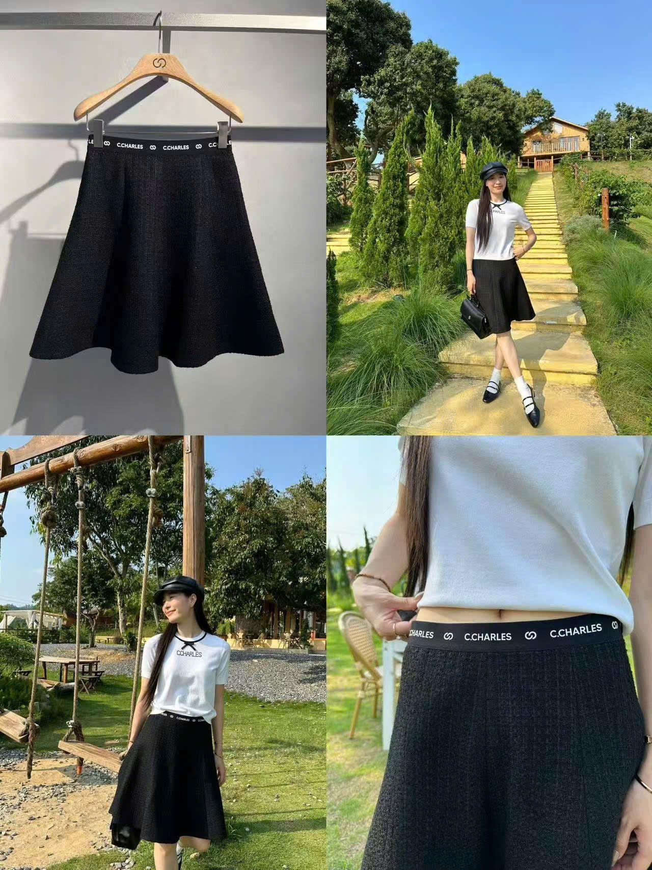  Chân váy xòe ngắn đen, cạp thun logo chữ chạy 