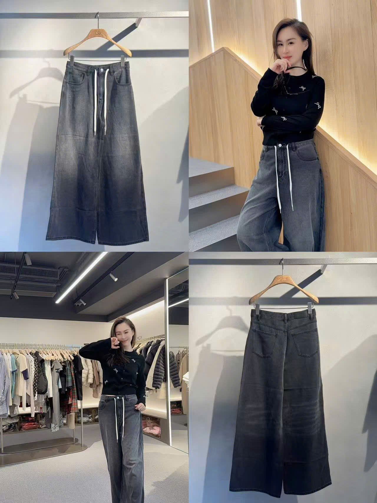  Quần jean đen mài, ống rộng dây rút trắng 