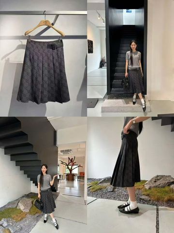  Chân váy dài kèm belt kẻ thoi CC 