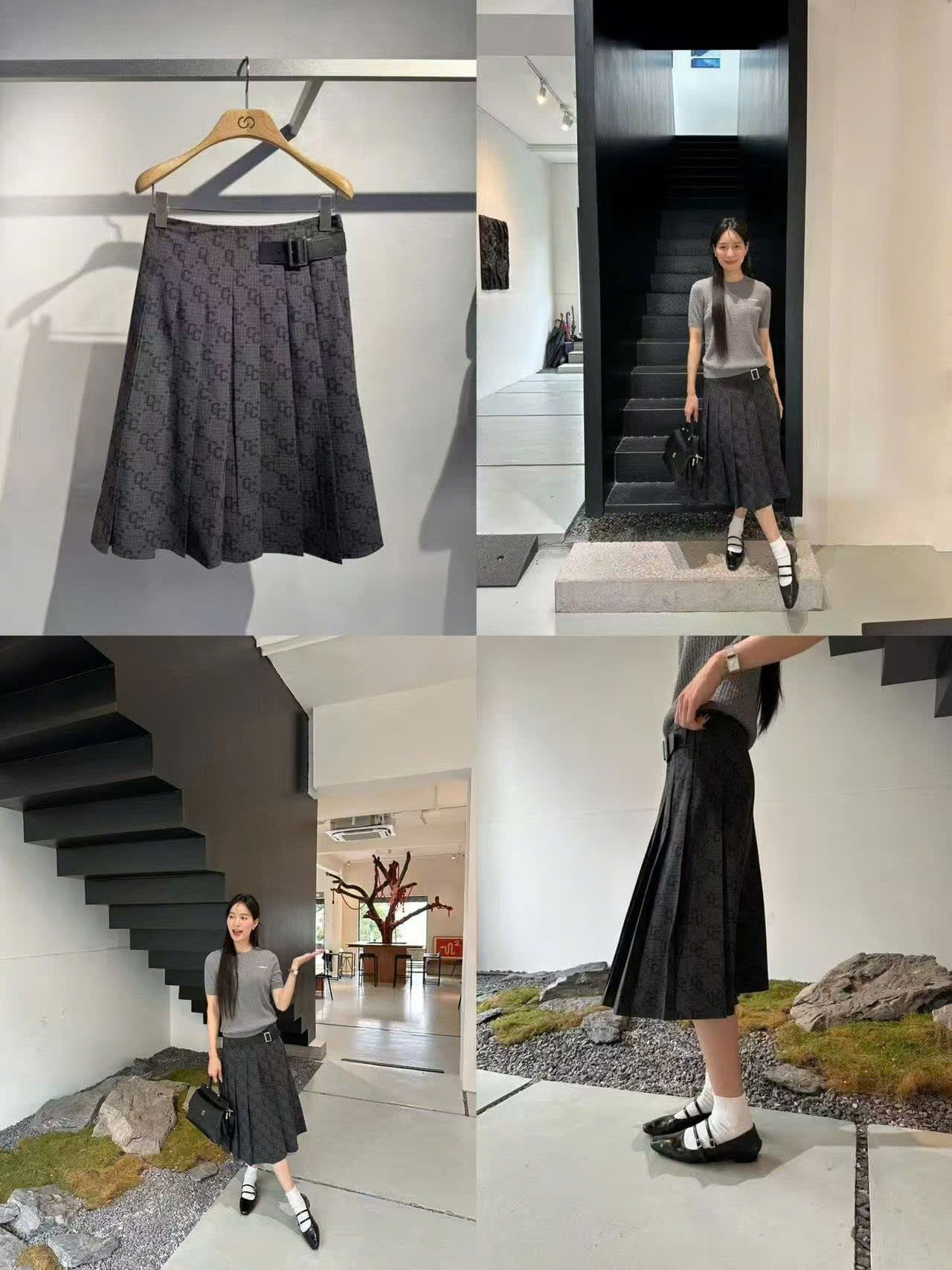  Chân váy dài kèm belt kẻ thoi CC 