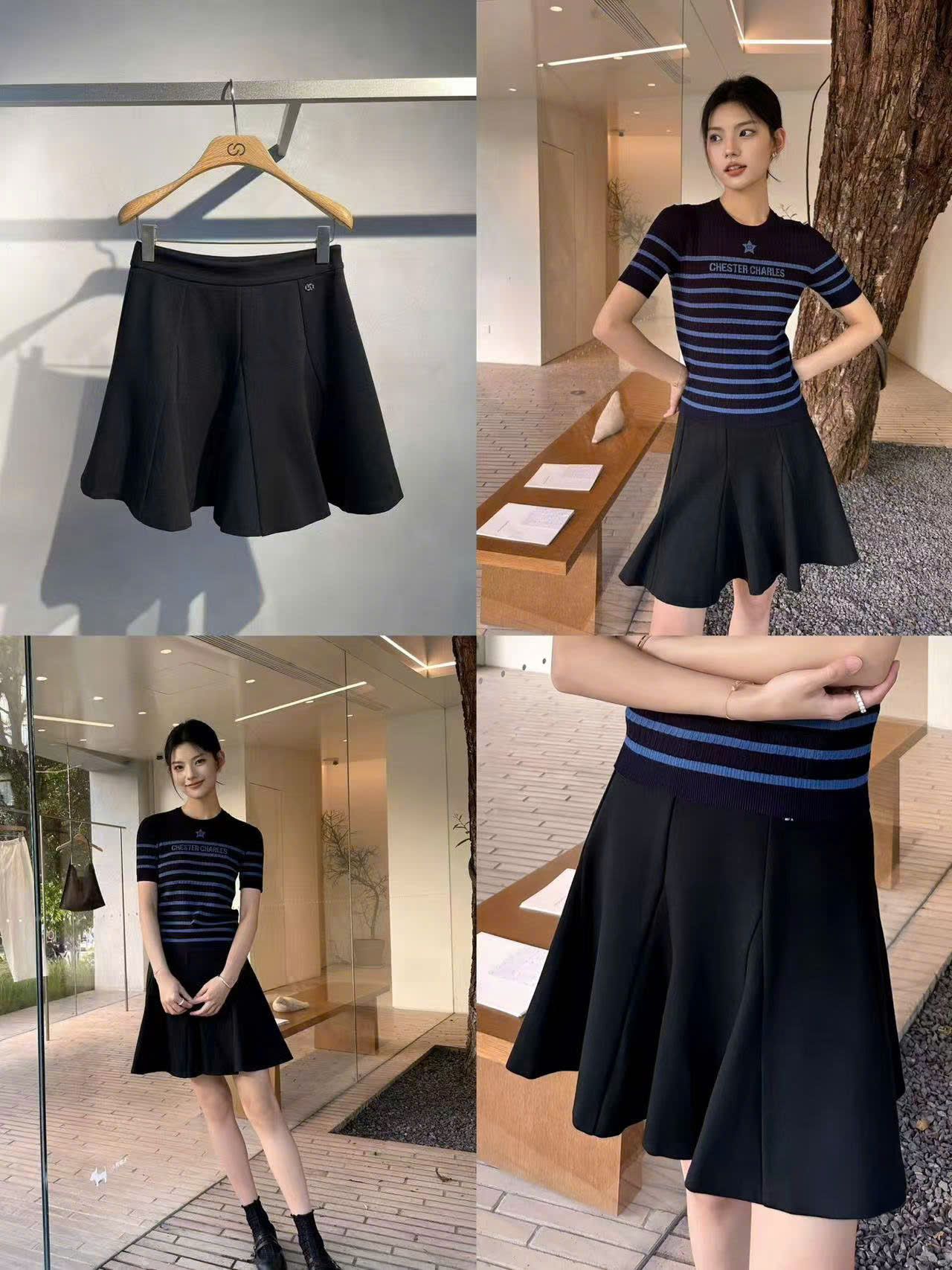  Chân váy xòe đen-logo nhỏ dưới cạp trái 