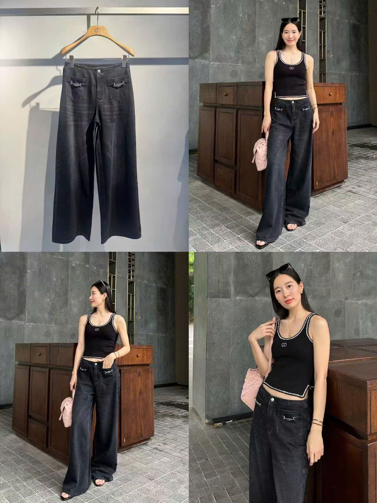  Quần jean đen mài, 2 túi trước xích bạc 