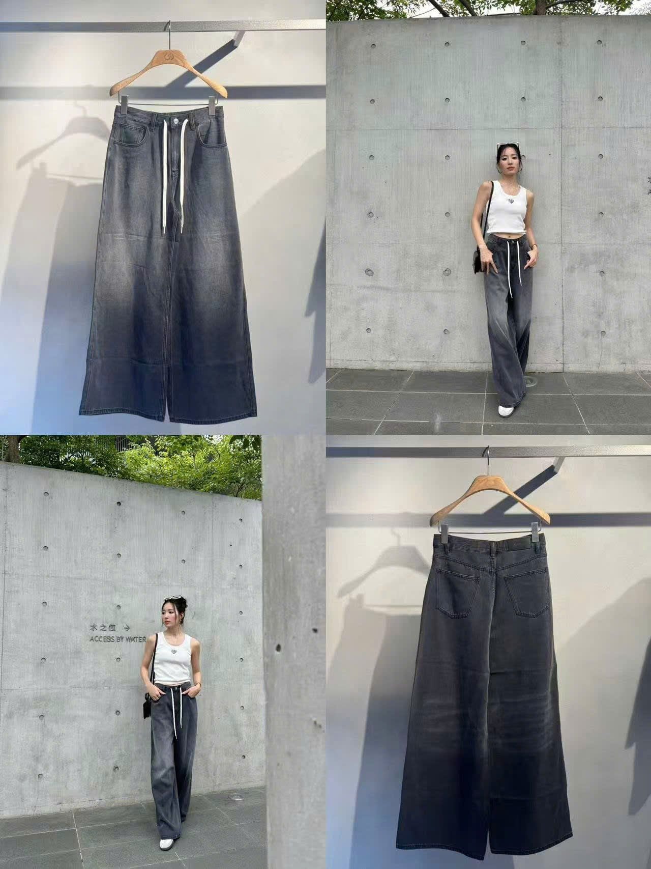  Quần jean đen mài, ống rộng dây rút trắng 