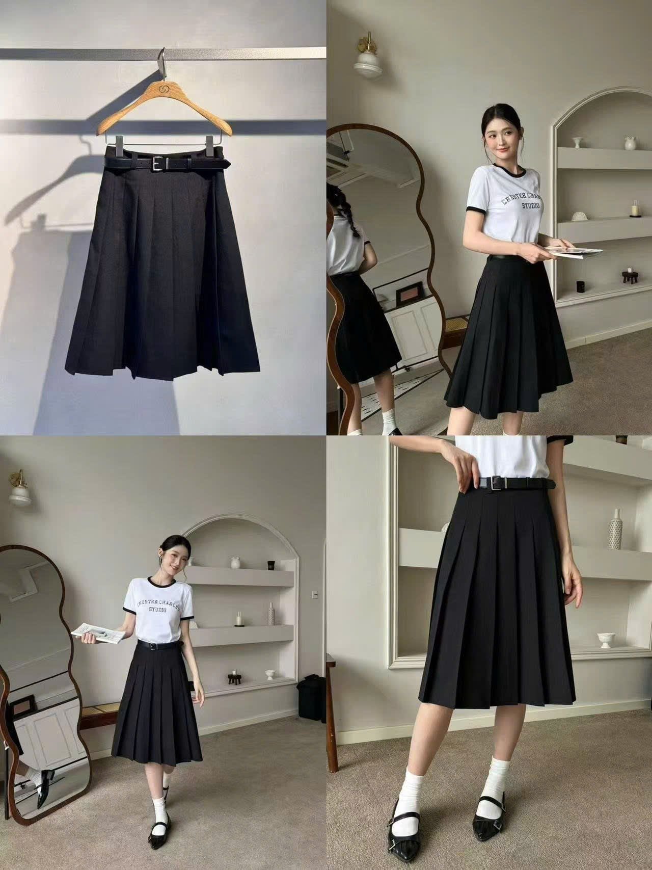  Chân váy đen dài -belt da đen 