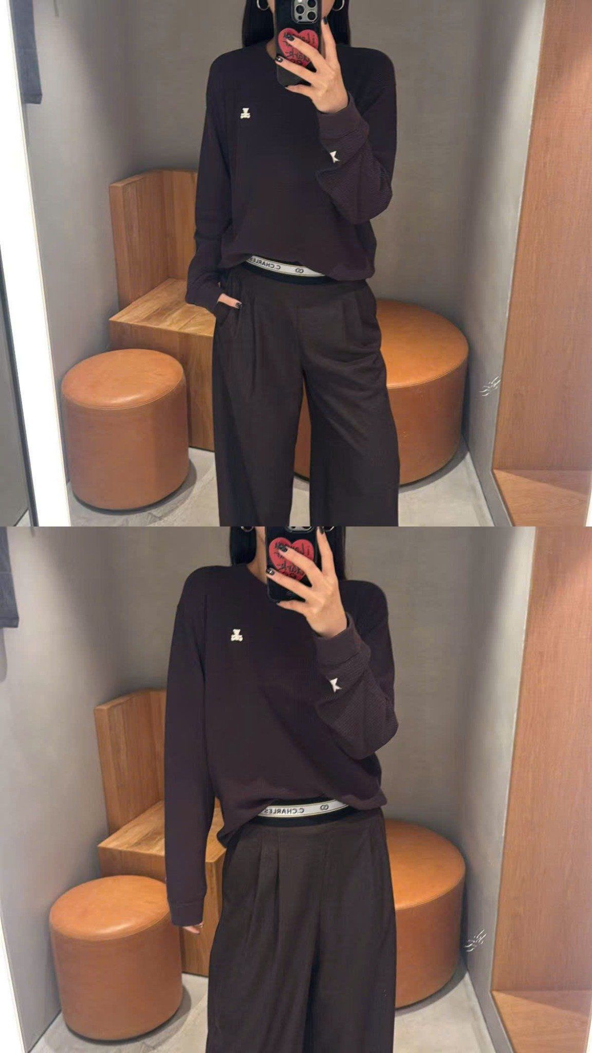  Áo nâu đậm dài tay, gấu trắng nhỏ 1 bên 